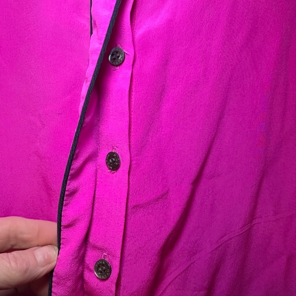 Pink Tartan Bright Pink Collared Button Down Shirt with Black Piping, Flowy - Picture 5 of 8